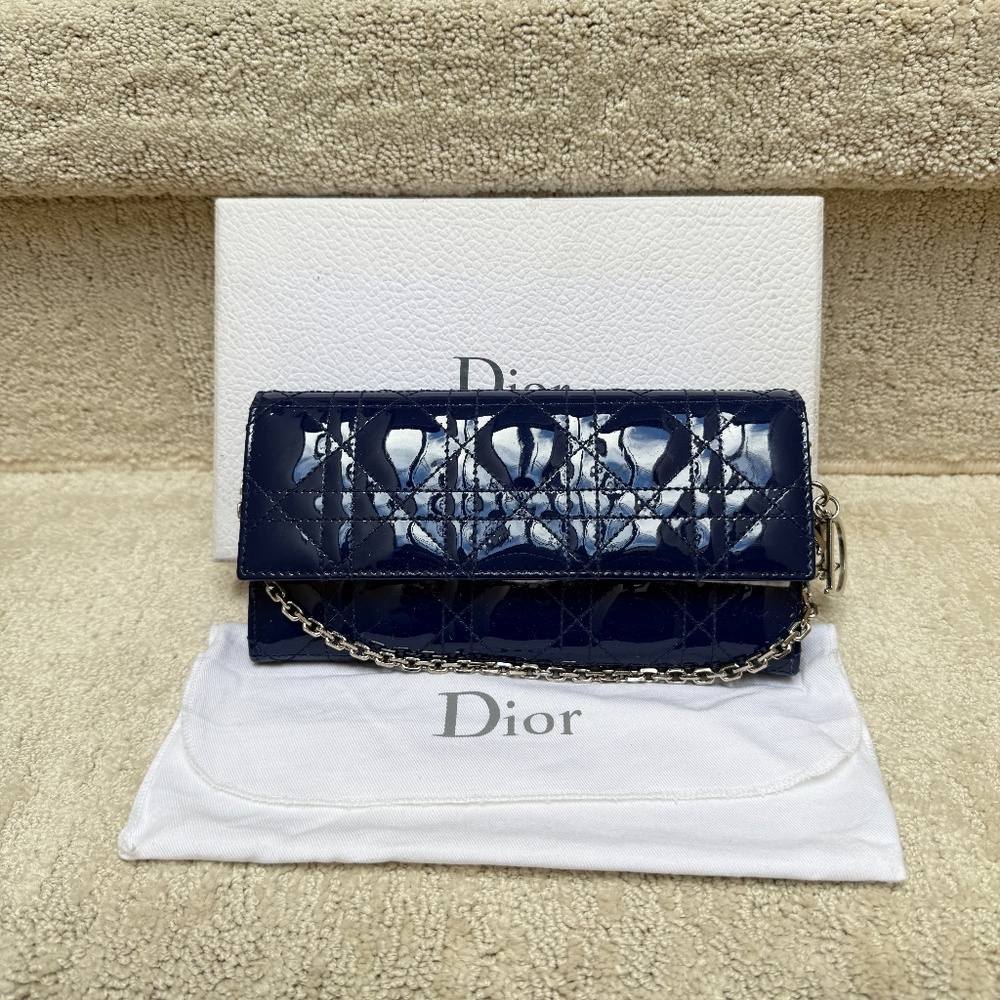 Christian Dior Wallet on Chain in Navy Patent Leather Full Set